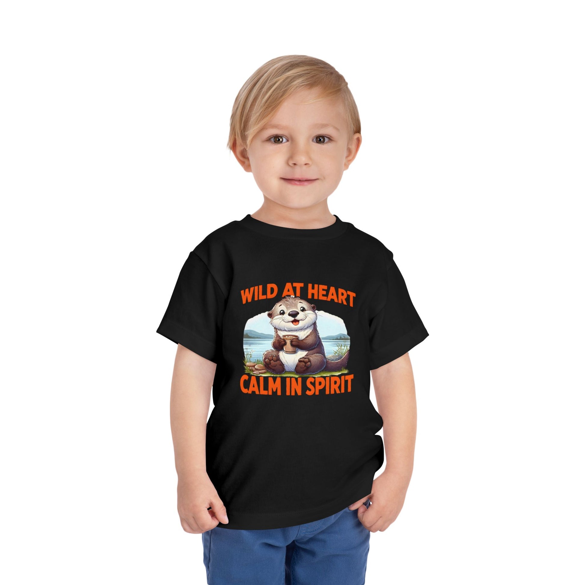Child wearing a black t-shirt with an otter graphic and text on a white background