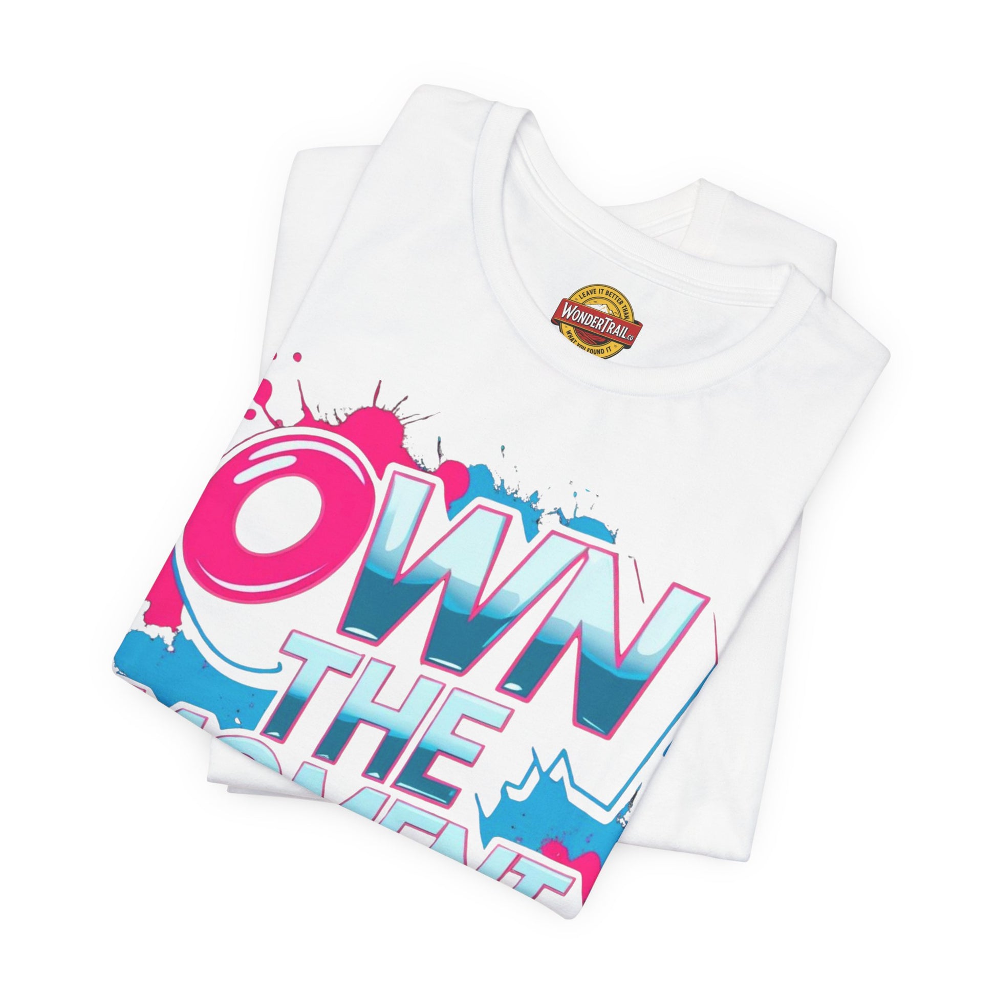 White t-shirt with colorful text design and Wonderbag logo on a white background