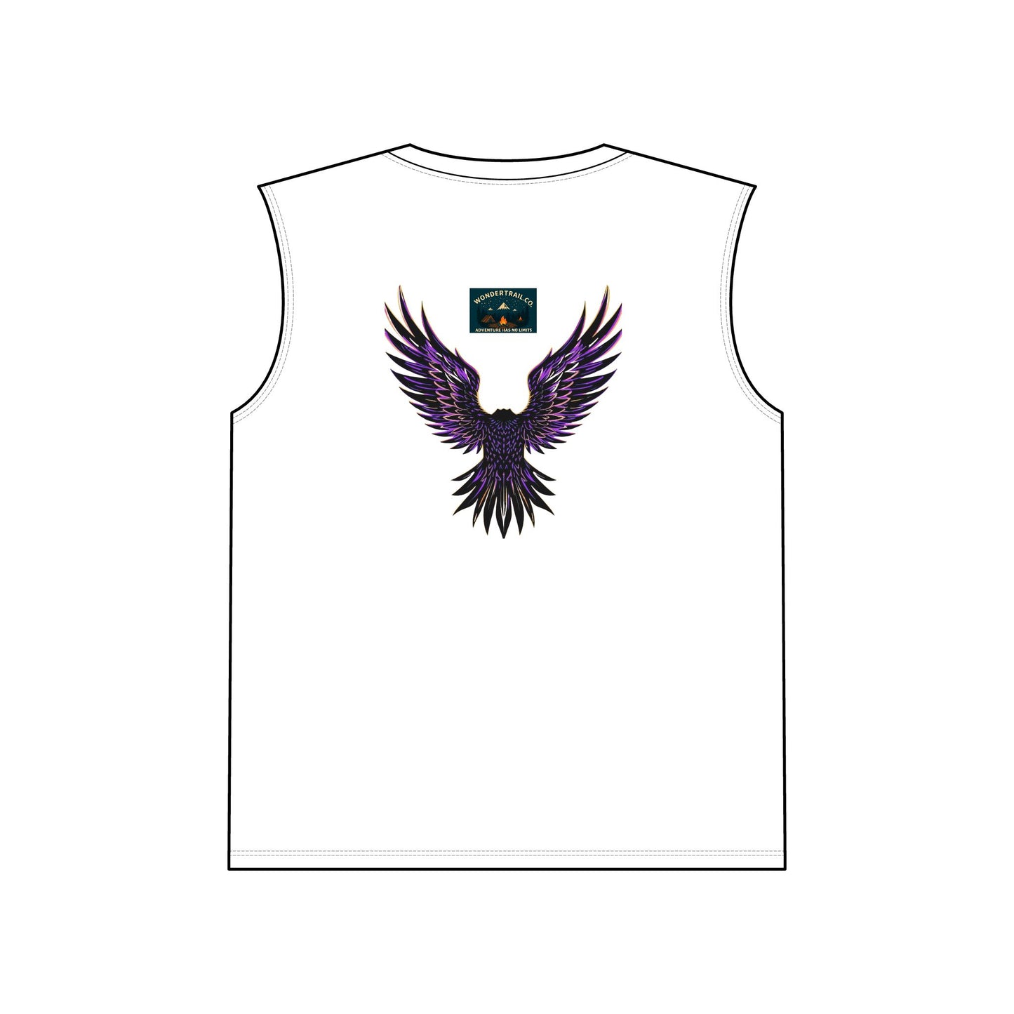 White sleeveless shirt with a purple and black winged design on the back, on a white background.