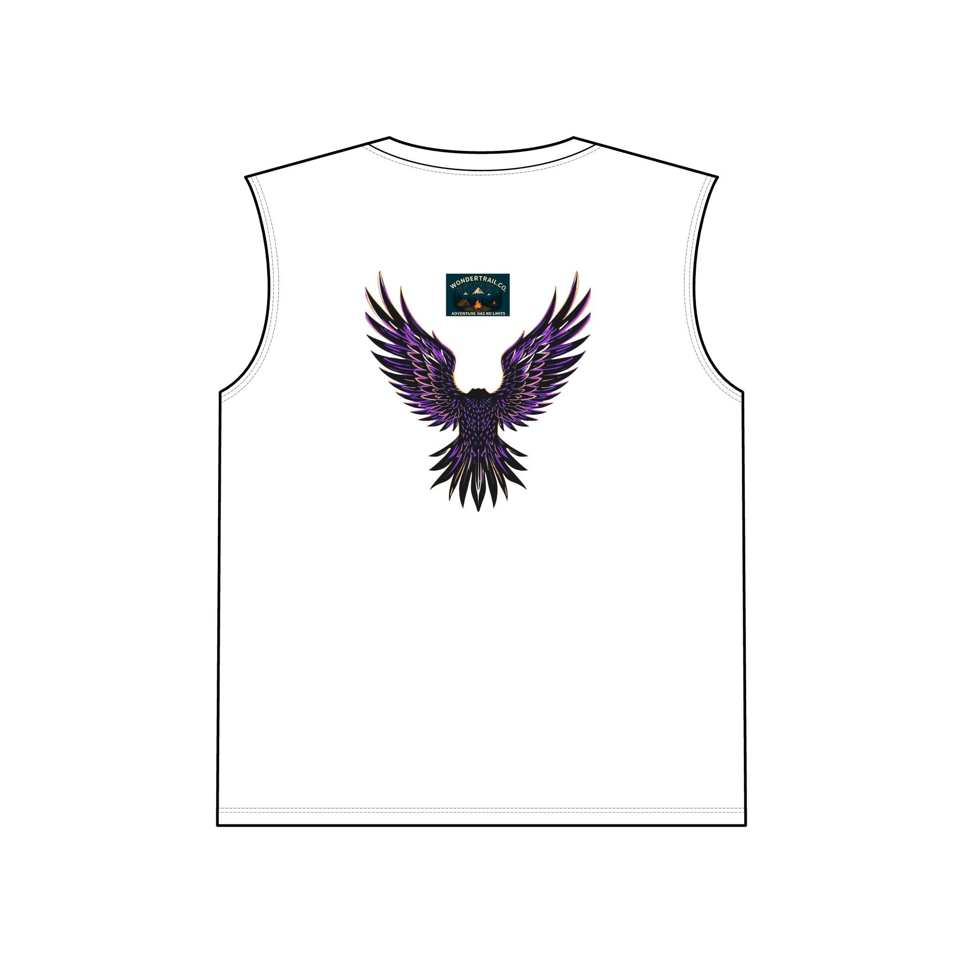 White sleeveless shirt with a purple and black winged design on the back, on a white background.