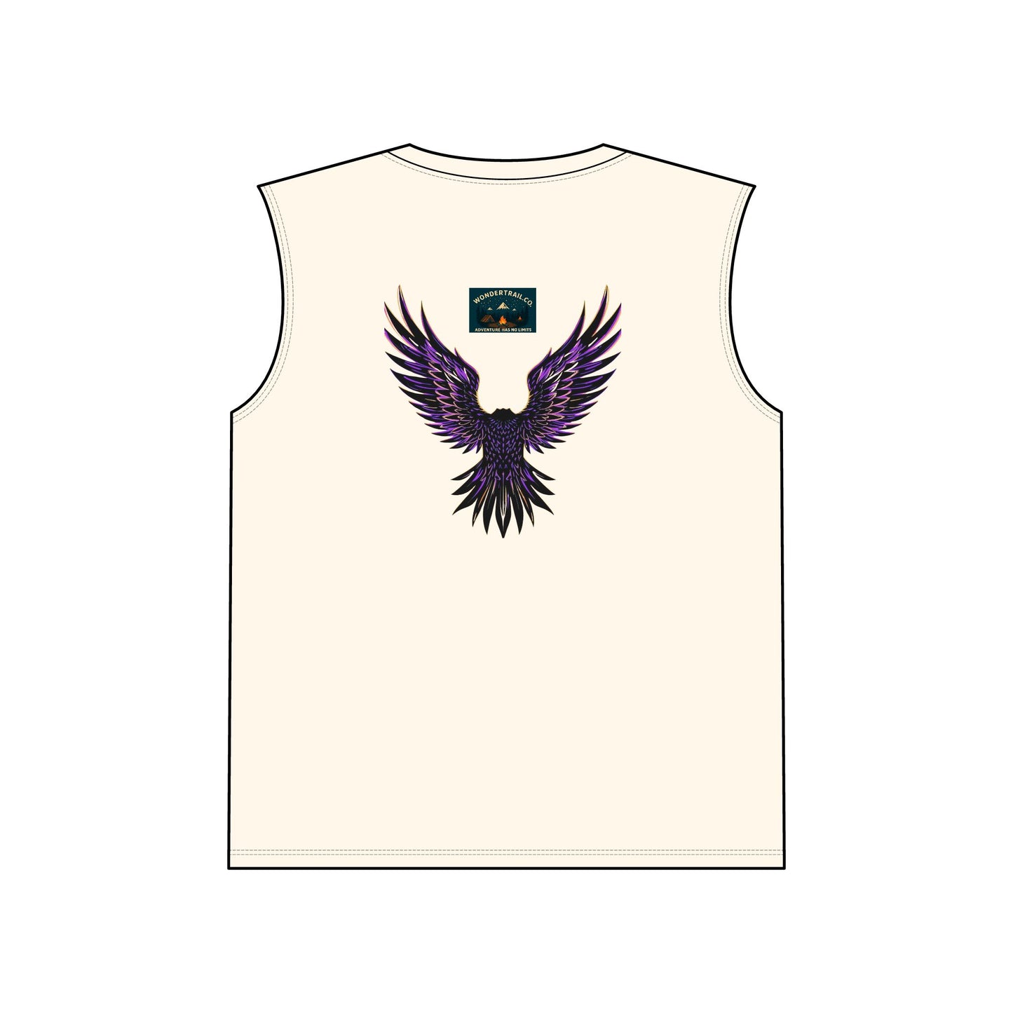 Beige tank top with a purple and black winged design on a white background