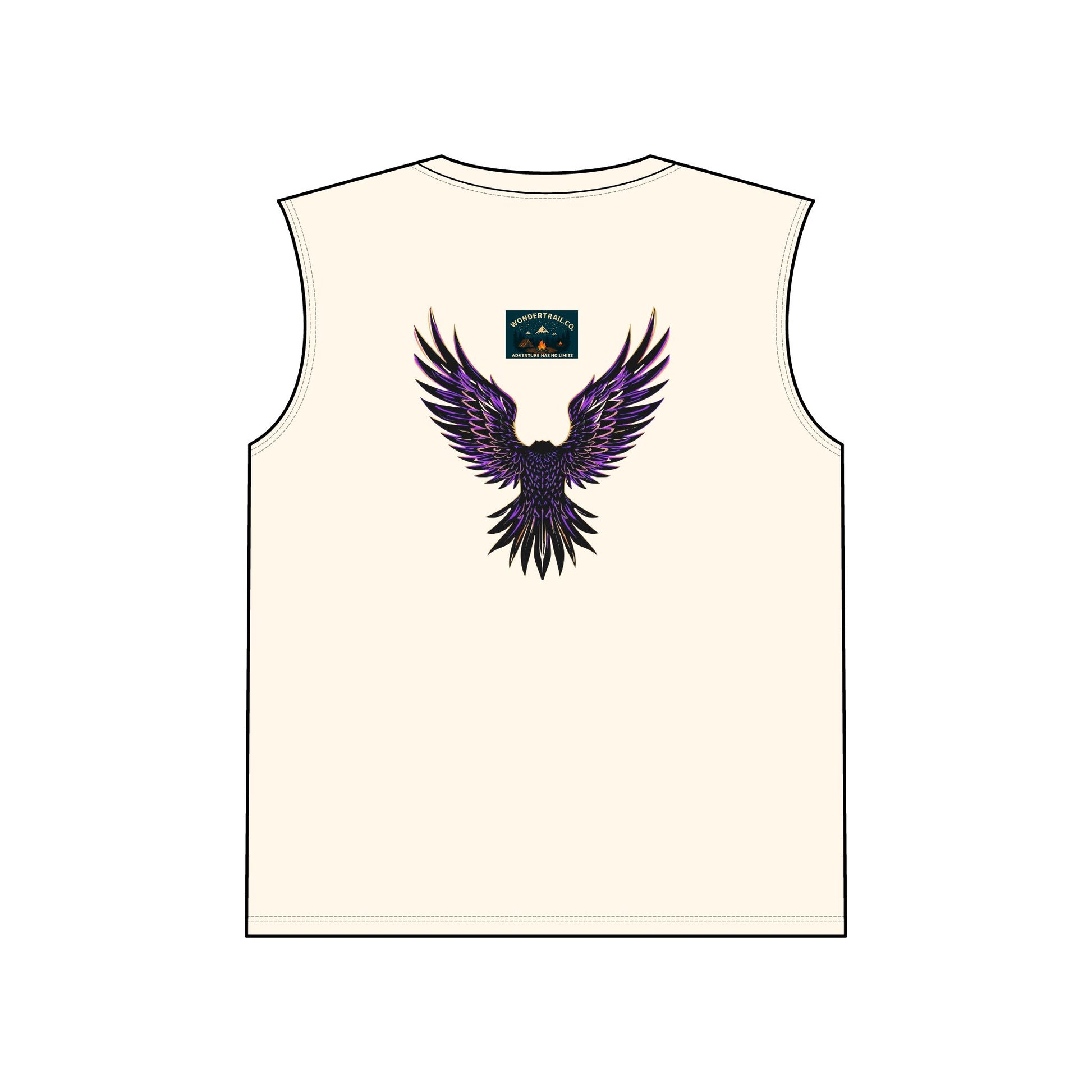 Beige tank top with a purple and black winged design on a white background
