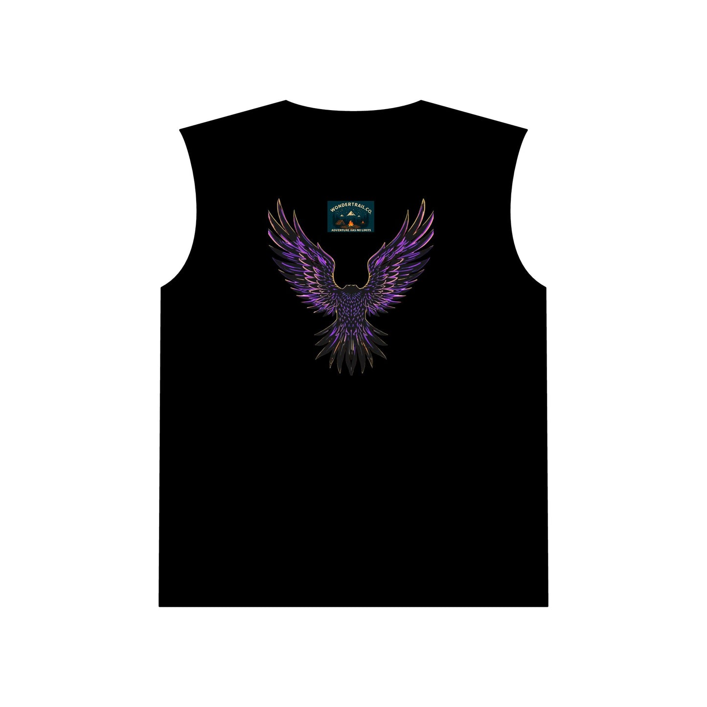 Black sleeveless shirt with a purple and black eagle design on a white background