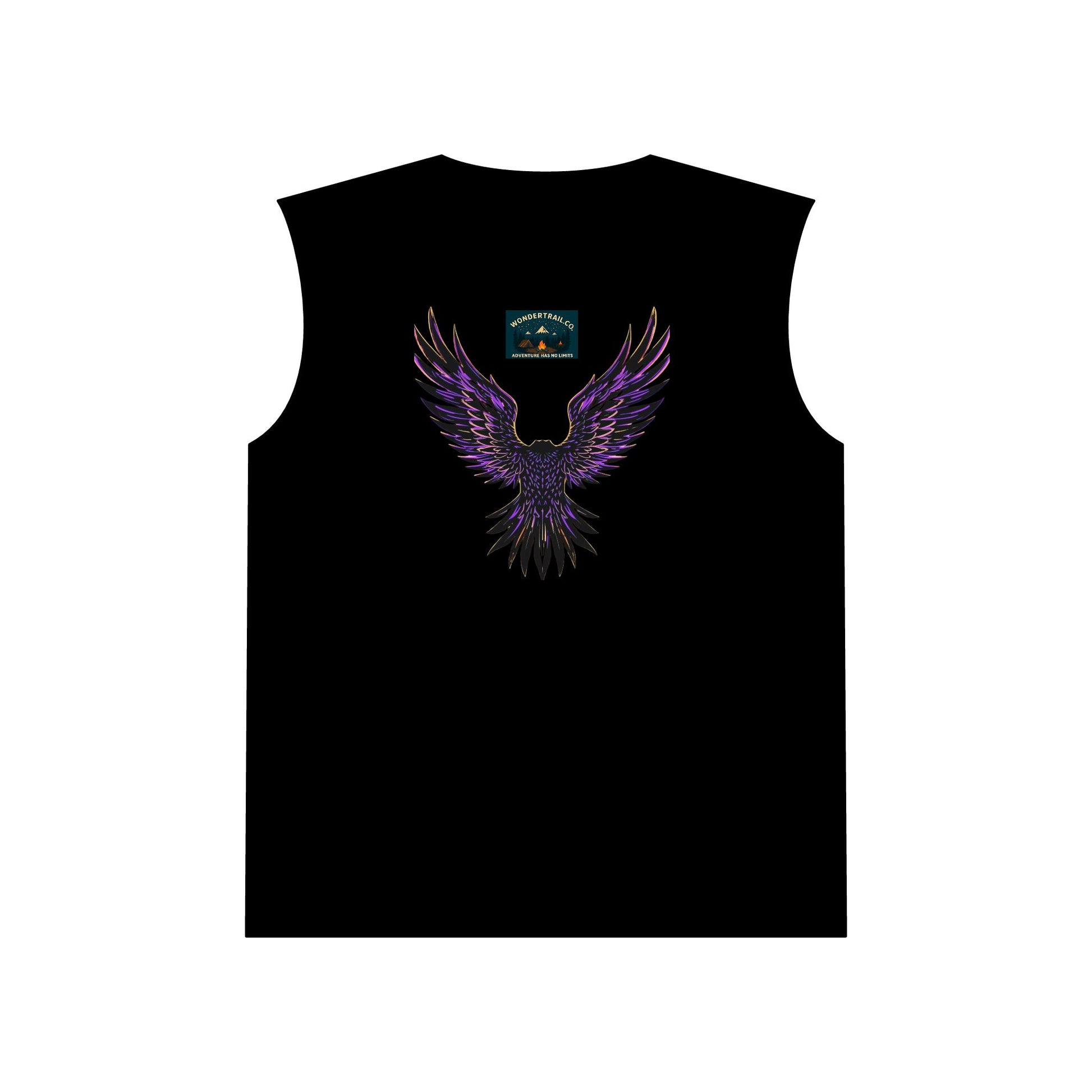 Black sleeveless shirt with a purple and black eagle design on a white background