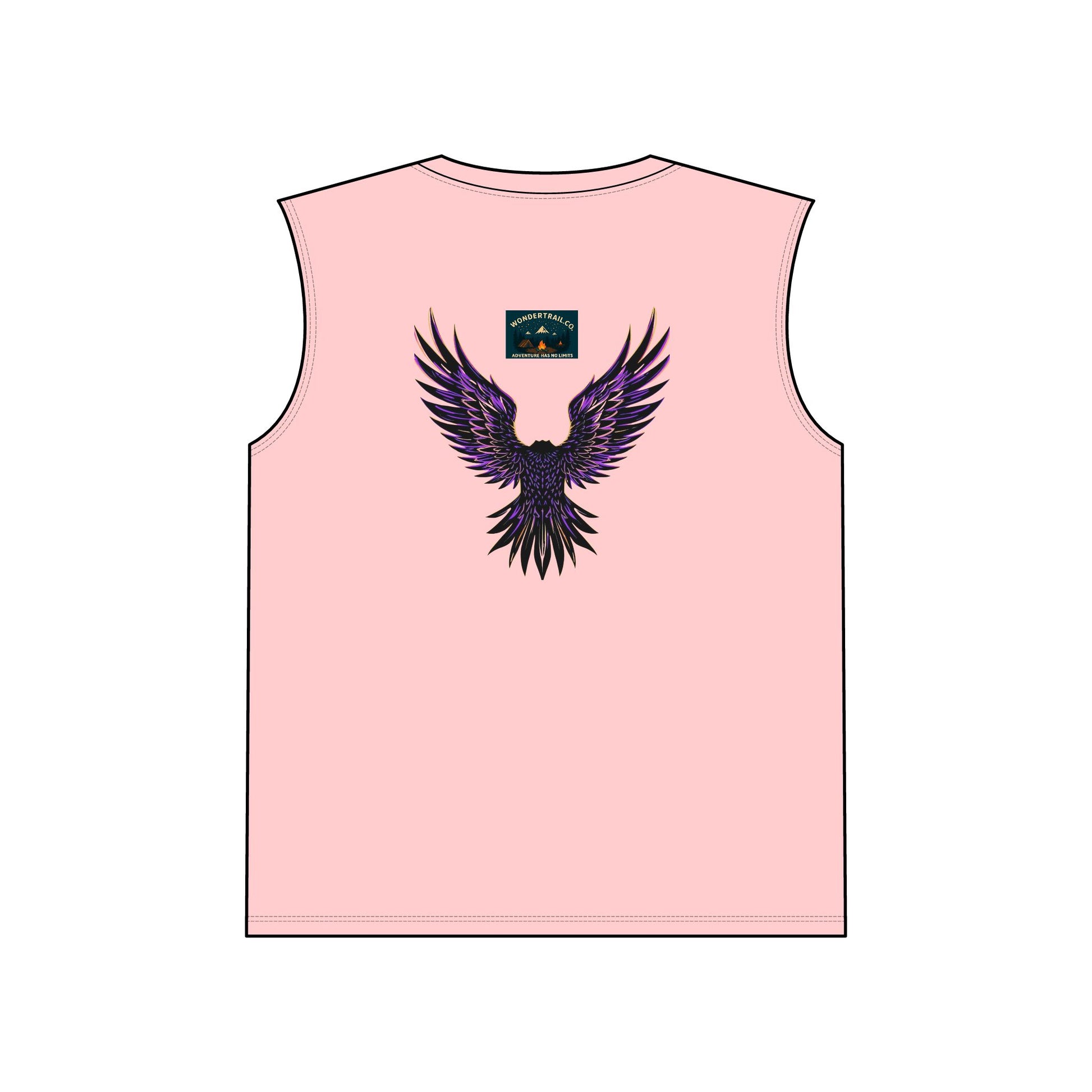 Pink tank top with a purple and black winged design on the back, on a white background.