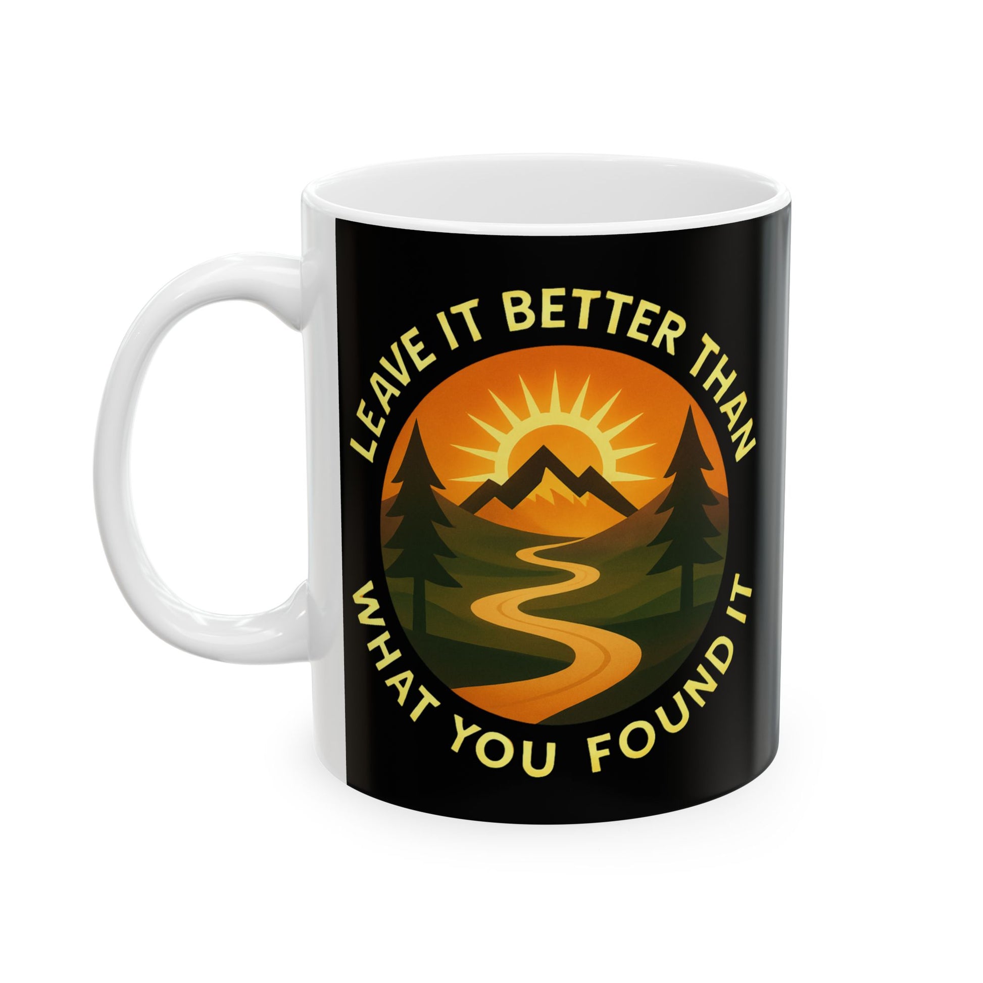 Mug with nature-themed design and motivational quote on a white background