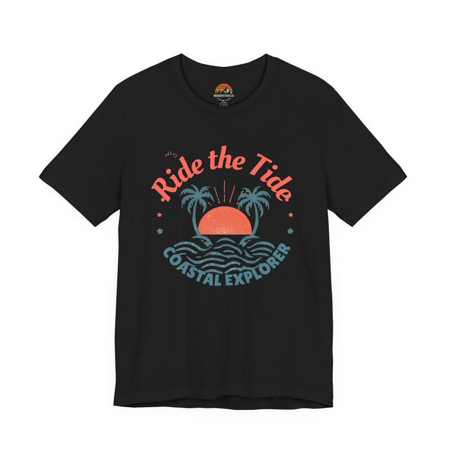 Black t-shirt with 'Ride the Tide Coastal Explorer' graphic design on a white background