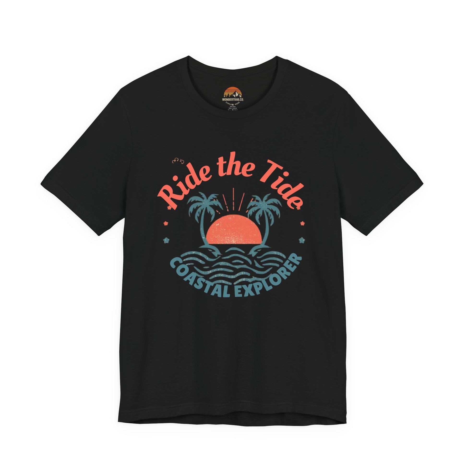 Black t-shirt with 'Ride the Tide Coastal Explorer' graphic design on a white background