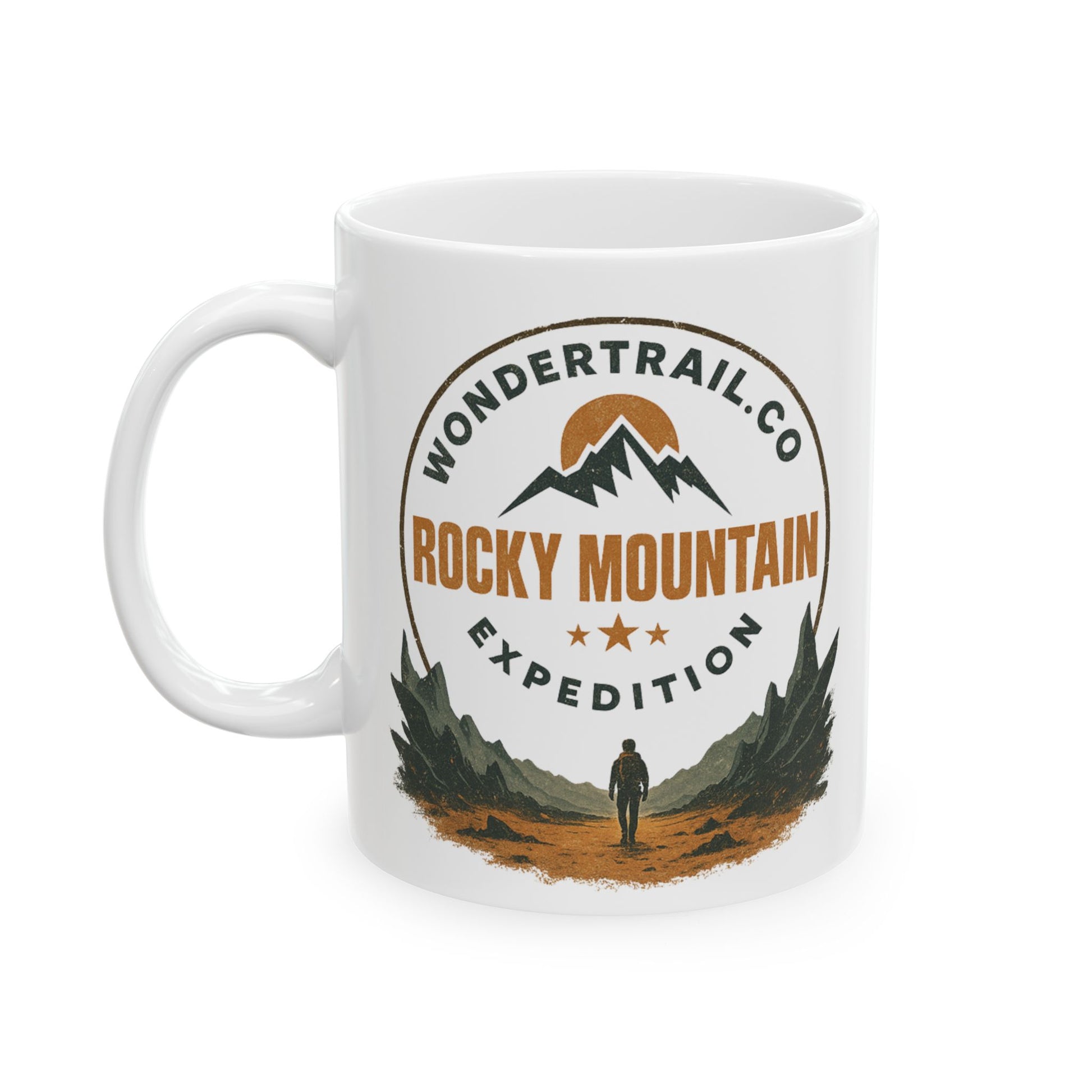 White mug with Rocky Mountain Expedition design and Wondertrail.co branding