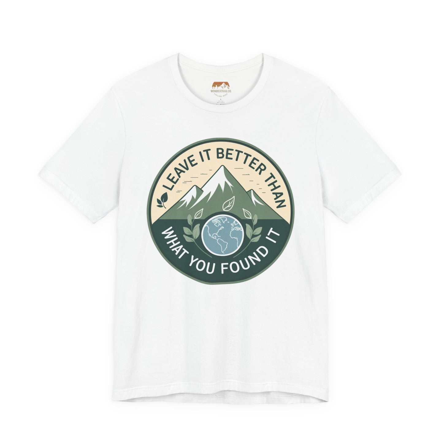White t-shirt with a green and beige graphic and text on a white background