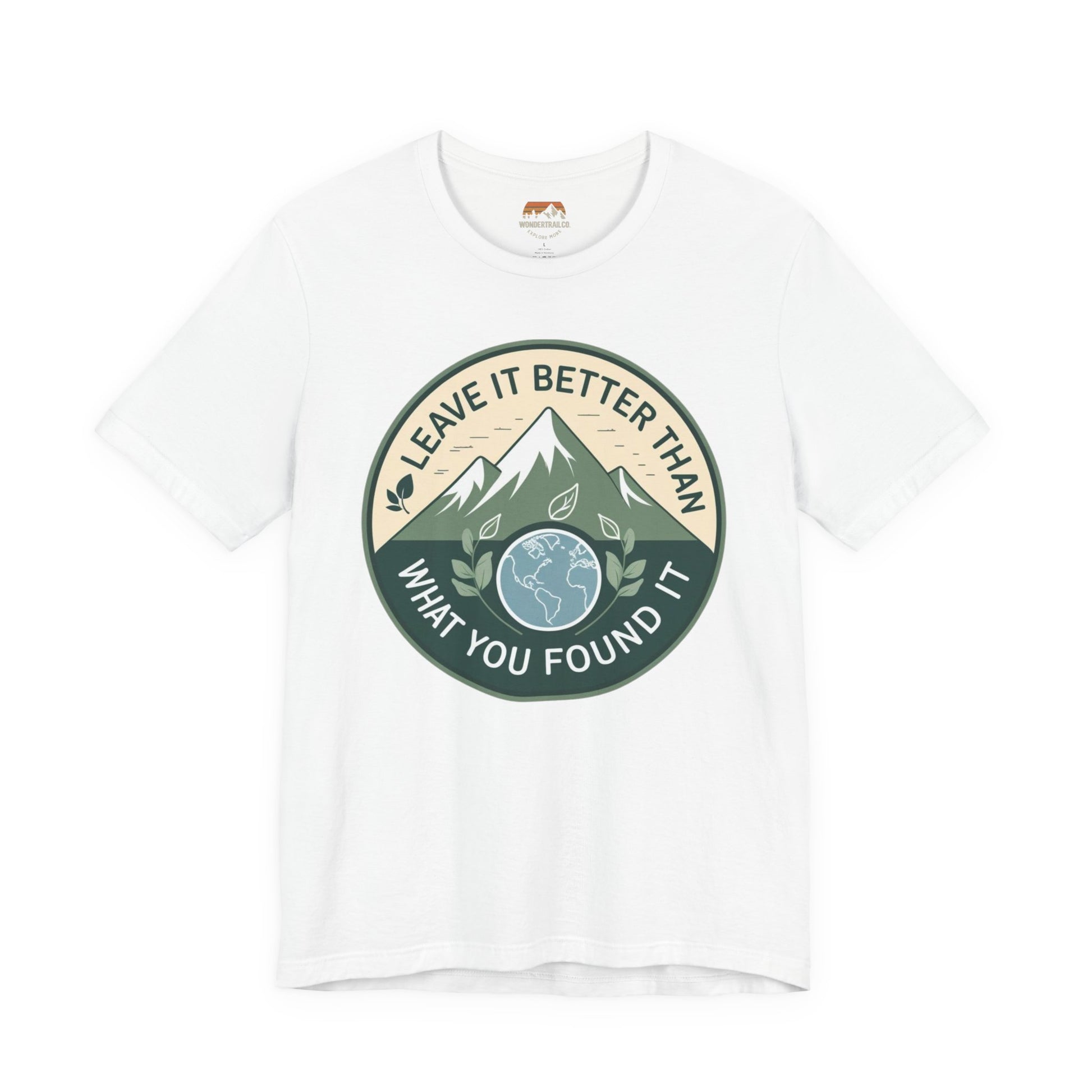 White t-shirt with a green and beige graphic and text on a white background