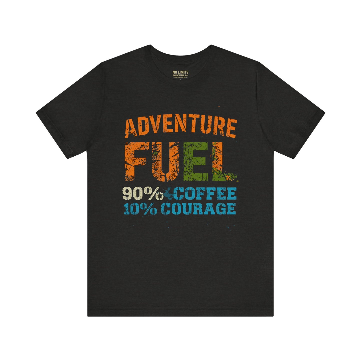 Adventure Fuel coffee t-shirt detail view showing vintage graphic design and quality fabric