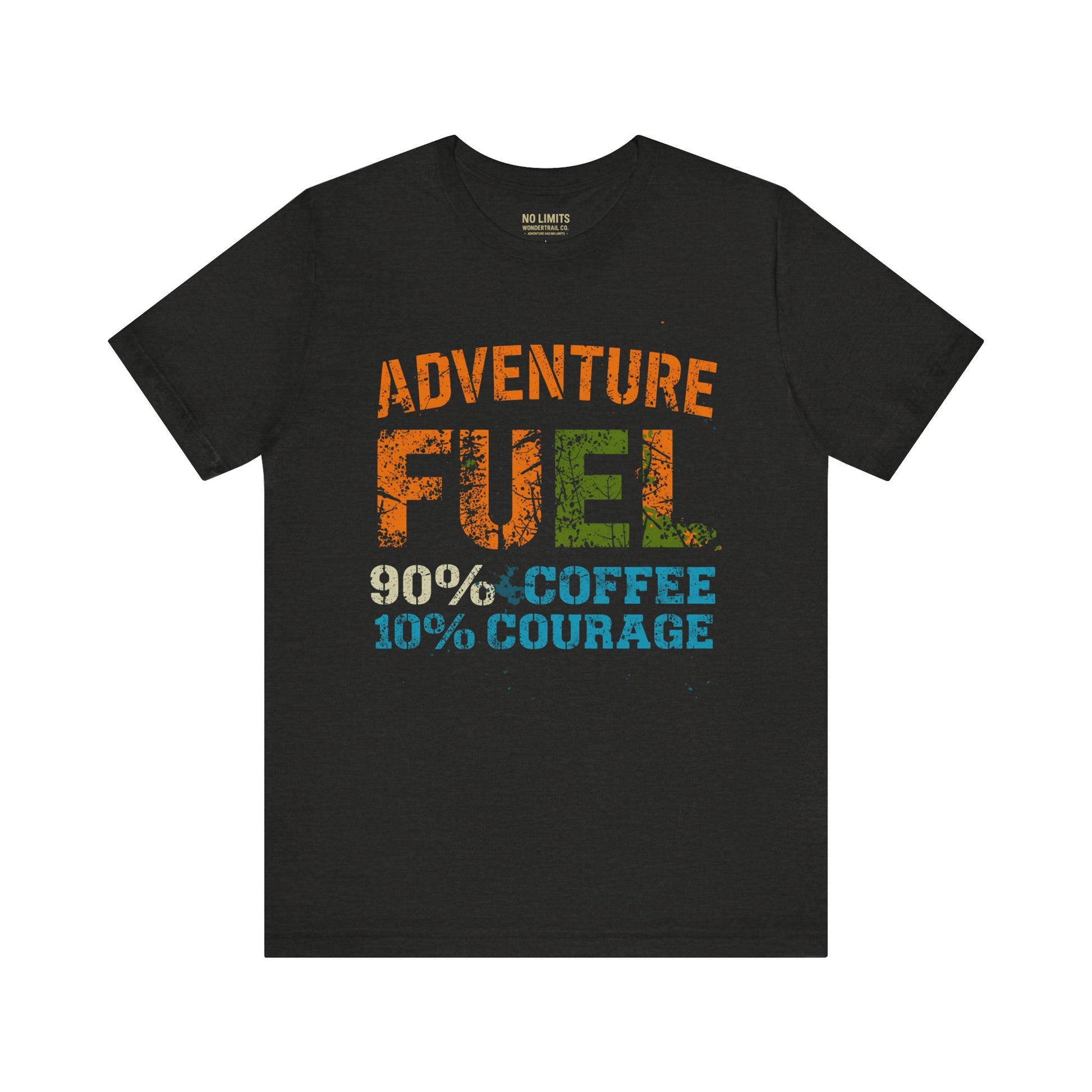 Adventure Fuel coffee t-shirt detail view showing vintage graphic design and quality fabric