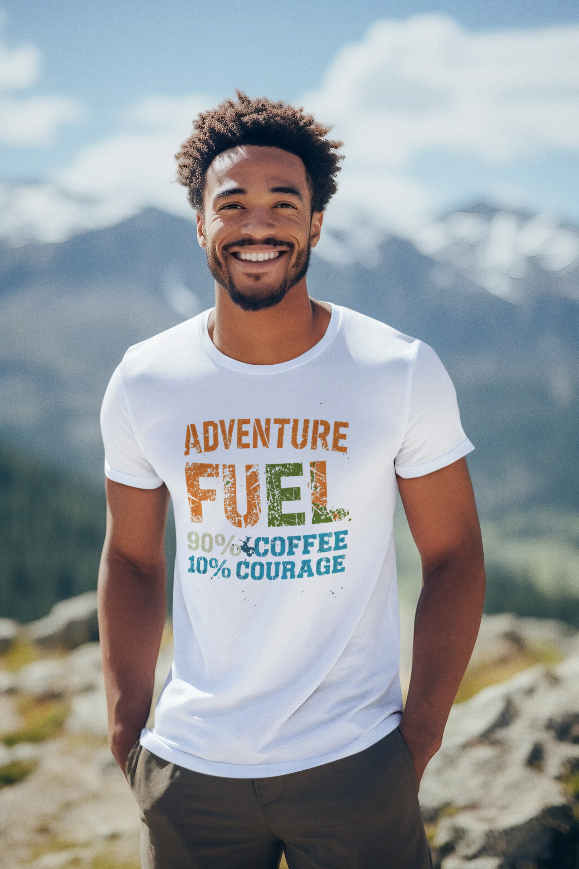Adventure Fuel coffee t-shirt detail view showing vintage graphic design and quality fabric