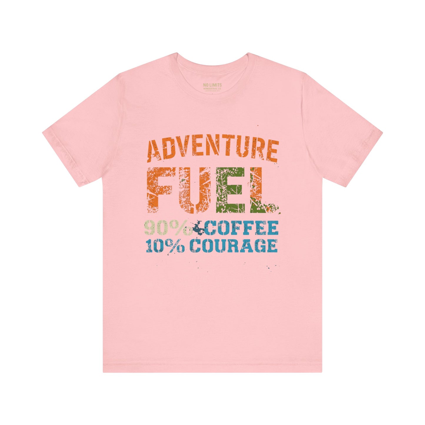 Adventure Fuel coffee t-shirt detail view showing vintage graphic design and quality fabric