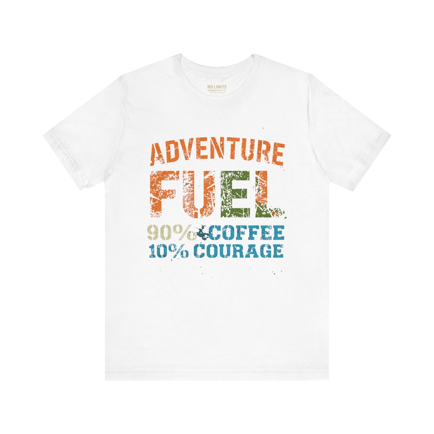 White Adventure Fuel coffee t-shirt detail view showing vintage graphic design and quality fabric