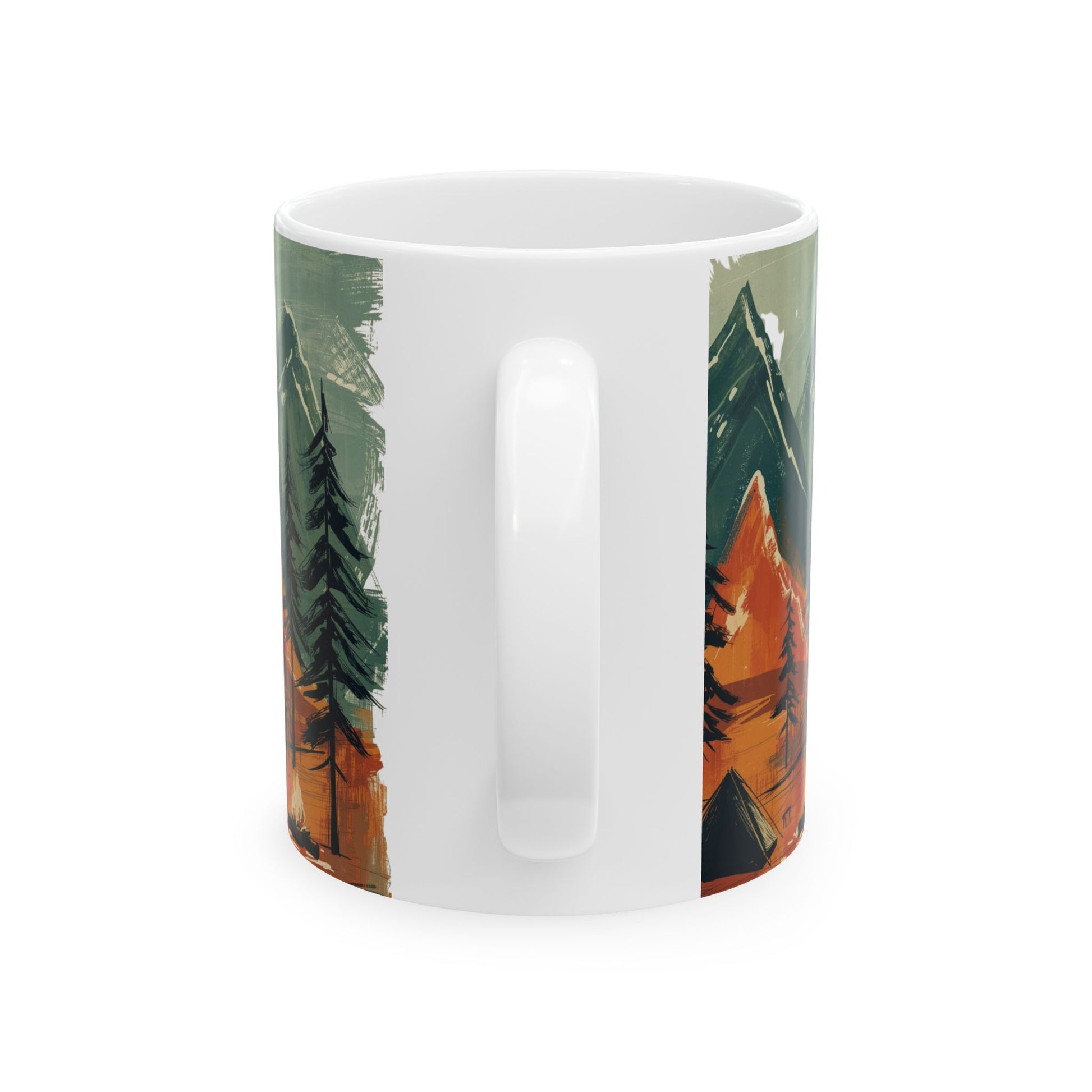 Back Ceramic_outdoor_mug_with_mountain_and_forest_design_tent_and_campfire_artwork_styled_in_winter_holiday_scene_eco-friendly_rustic_gift_for_campers_and_nature_lovers