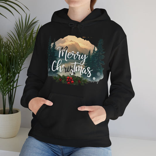 Black hoodie with festive Merry Christmas mountain and pine tree graphic plus red berries and snow accents — WonderTrail.Co holiday apparel for winter celebrations, gifting, and outdoor lifestyle fashion