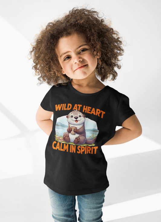 Black kids’ T-shirt with colorful otter illustration and bold Wild at Heart Calm in Spirit slogan, WonderTrail.Co nature-inspired apparel for children, outdoor lifestyle fashion, and family gifting