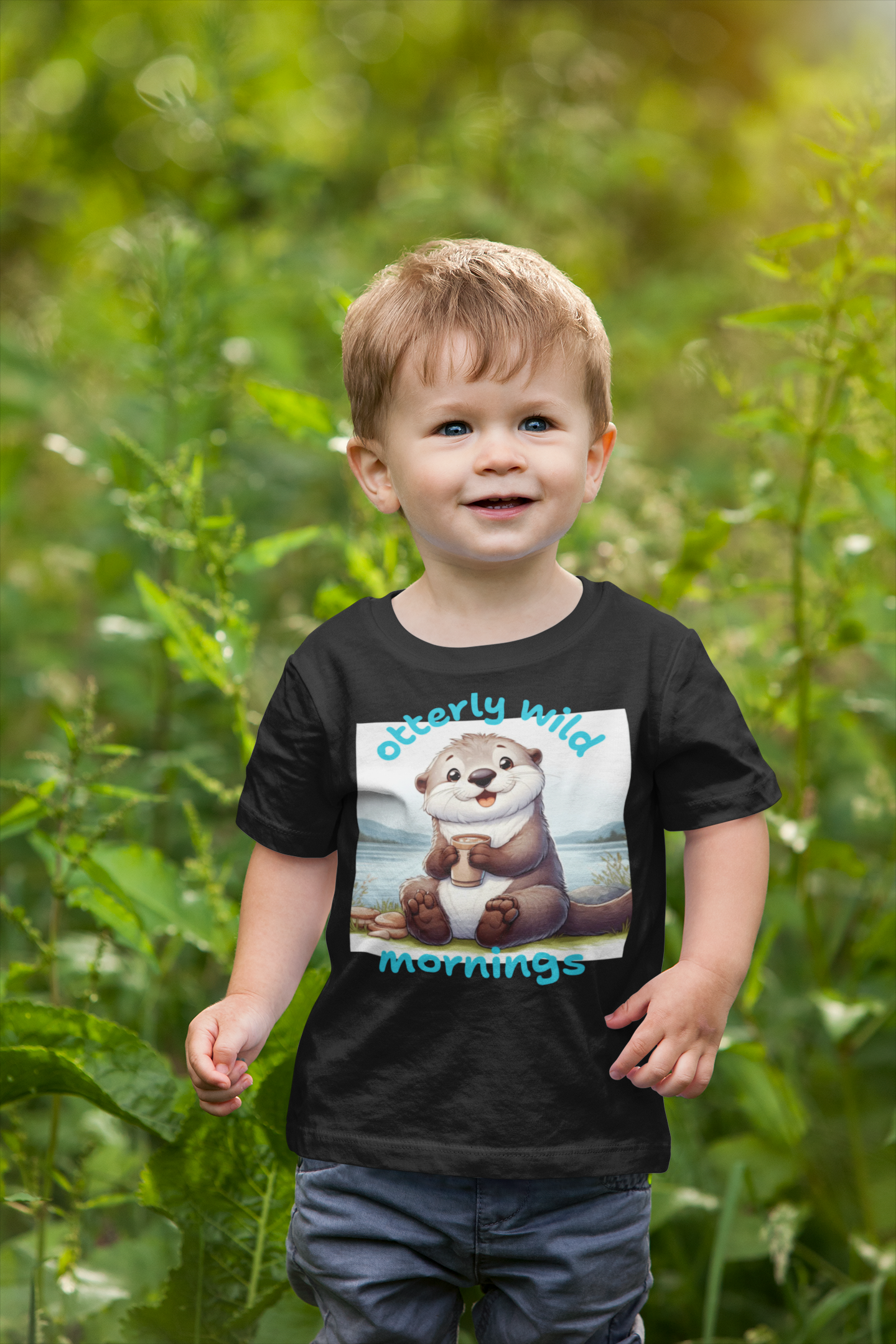 Black kids’ T-shirt with cute cartoon otter holding a cup and scenic mountain lake background plus playful Otterly Wild Mornings slogan — WonderTrail.Co nature-inspired children’s apparel for outdoor lifestyle and family gifting