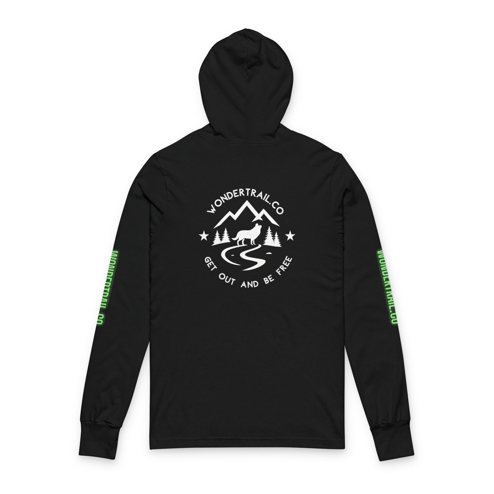 Black long-sleeve hoodie with WonderTrail.Co Rocky Mountain Expedition design featuring wolf, mountains, trees, and slogan ‘Get Out and Be Free’ — outdoor adventure apparel for hikers, campers, and nature lovers.