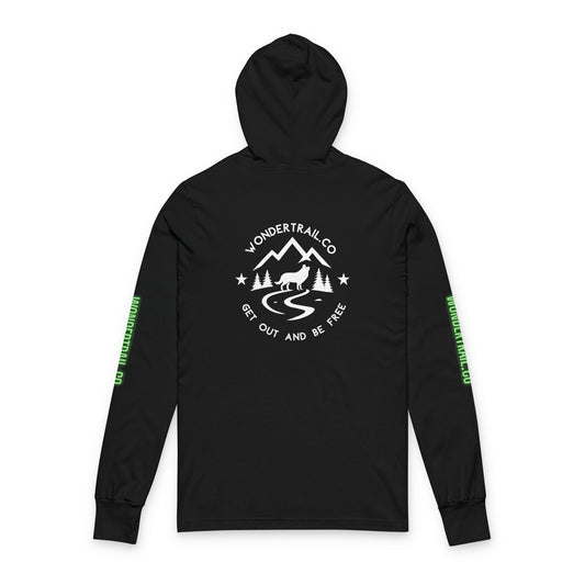 Black long-sleeve hoodie with WonderTrail.Co Rocky Mountain Expedition design featuring wolf, mountains, trees, and slogan ‘Get Out and Be Free’ — outdoor adventure apparel for hikers, campers, and nature lovers.