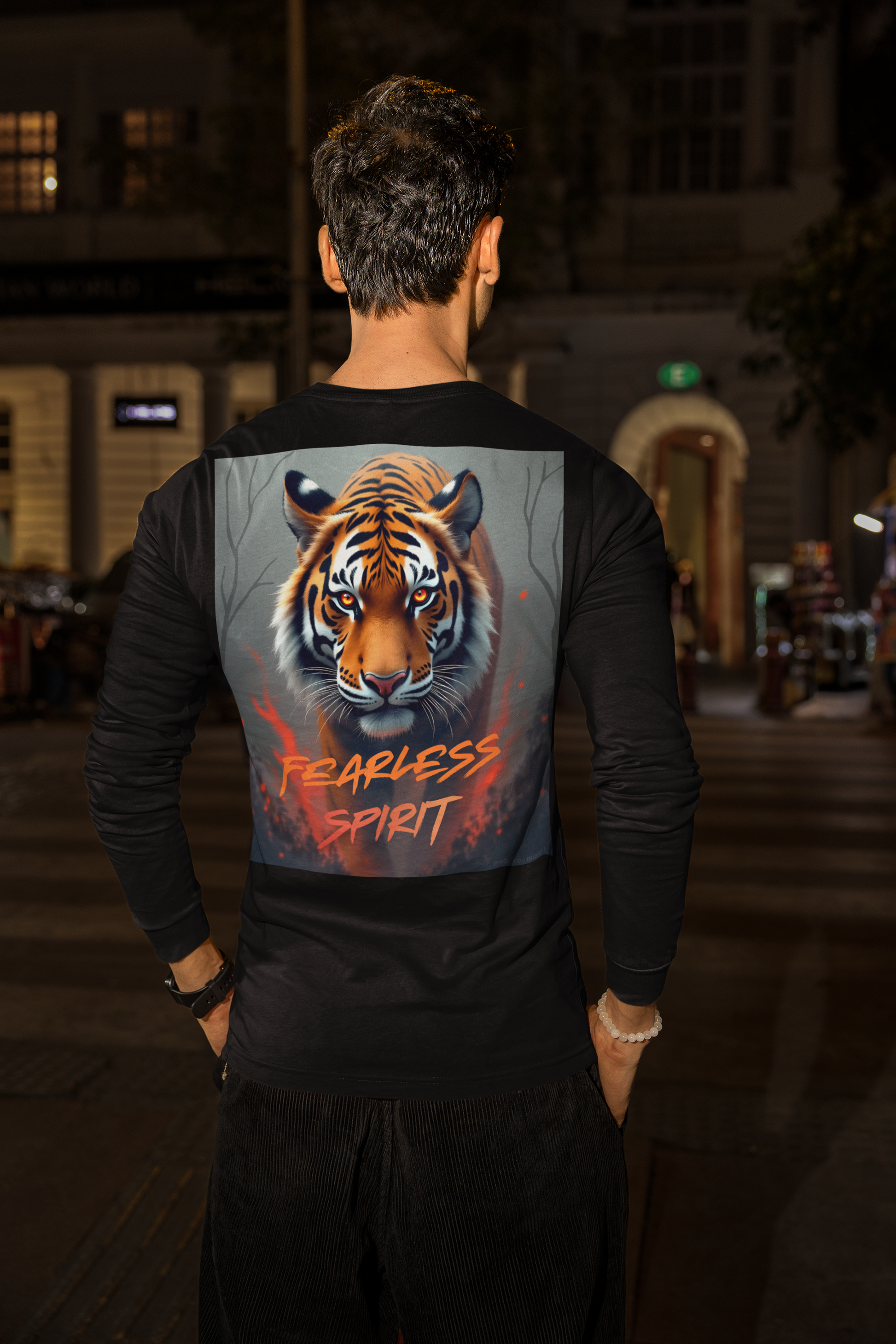 Black long-sleeve shirt with vivid tiger face graphic and bold Fearless Spirit slogan, outdoor adventure apparel for strength, courage, and wildlife-inspired fashion.