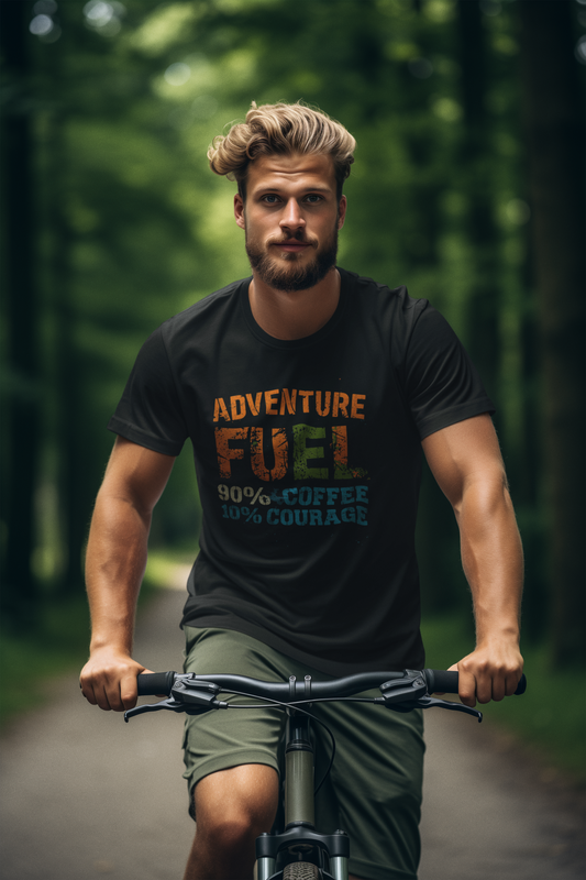 Black unisex T-shirt with colorful Adventure Fuel slogan — 90% Coffee 10% Courage — WonderTrail.Co motivational outdoor apparel for cyclists, hikers, and nature lovers.