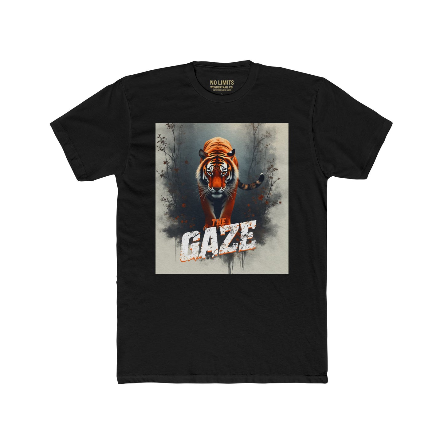Black unisex T-shirt with realistic tiger graphic and bold The Gaze slogan, WonderTrail.Co adventure apparel for wildlife lovers, explorers, and outdoor lifestyle fashion
