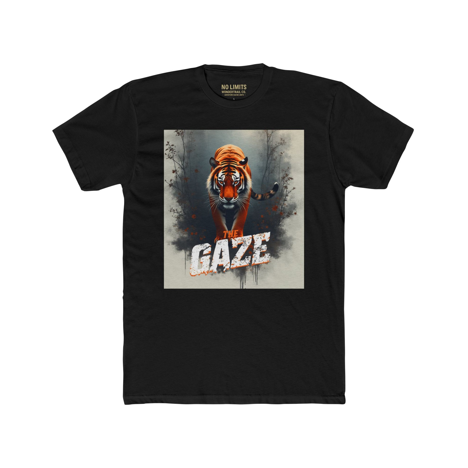 Black unisex T-shirt with realistic tiger graphic and bold The Gaze slogan, WonderTrail.Co adventure apparel for wildlife lovers, explorers, and outdoor lifestyle fashion