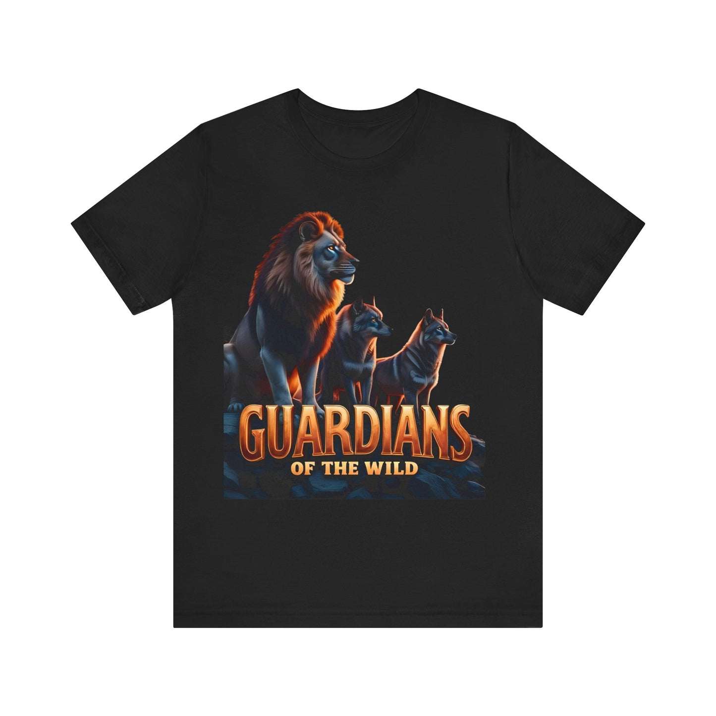 Black unisex graphic T-shirt featuring majestic lion and two wolves with bold Guardians of the Wild slogan — nature-inspired adventure apparel for wildlife lovers, hikers, and outdoor explorers