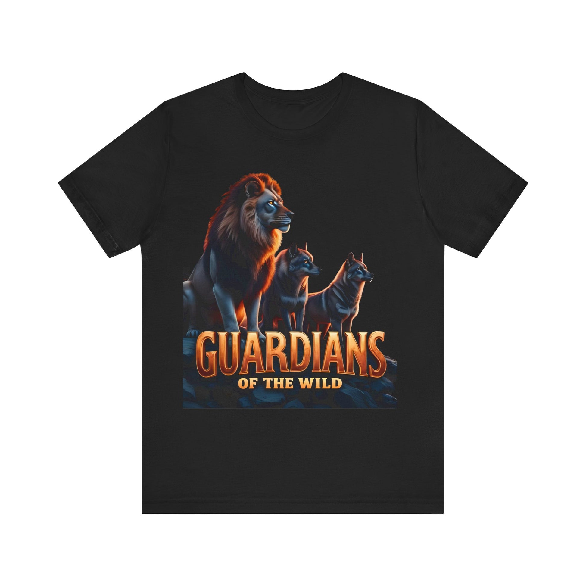 Black unisex graphic T-shirt featuring majestic lion and two wolves with bold Guardians of the Wild slogan — nature-inspired adventure apparel for wildlife lovers, hikers, and outdoor explorers