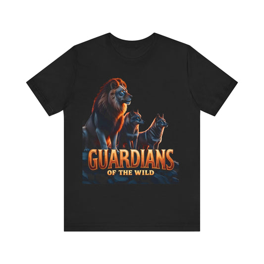 Black unisex graphic T-shirt featuring majestic lion and two wolves with bold Guardians of the Wild slogan — nature-inspired adventure apparel for wildlife lovers, hikers, and outdoor explorers