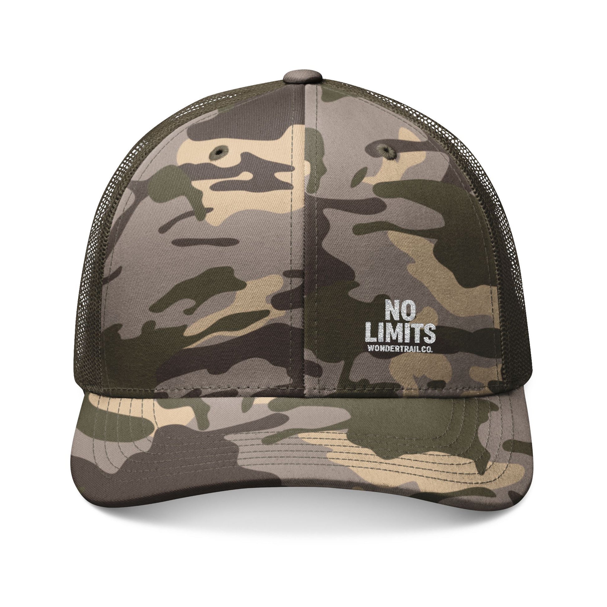 Camouflage baseball cap with bold No Limits slogan and WonderTrail.Co branding, structured outdoor mesh hat for hiking, camping, and adventure lifestyle fashion.