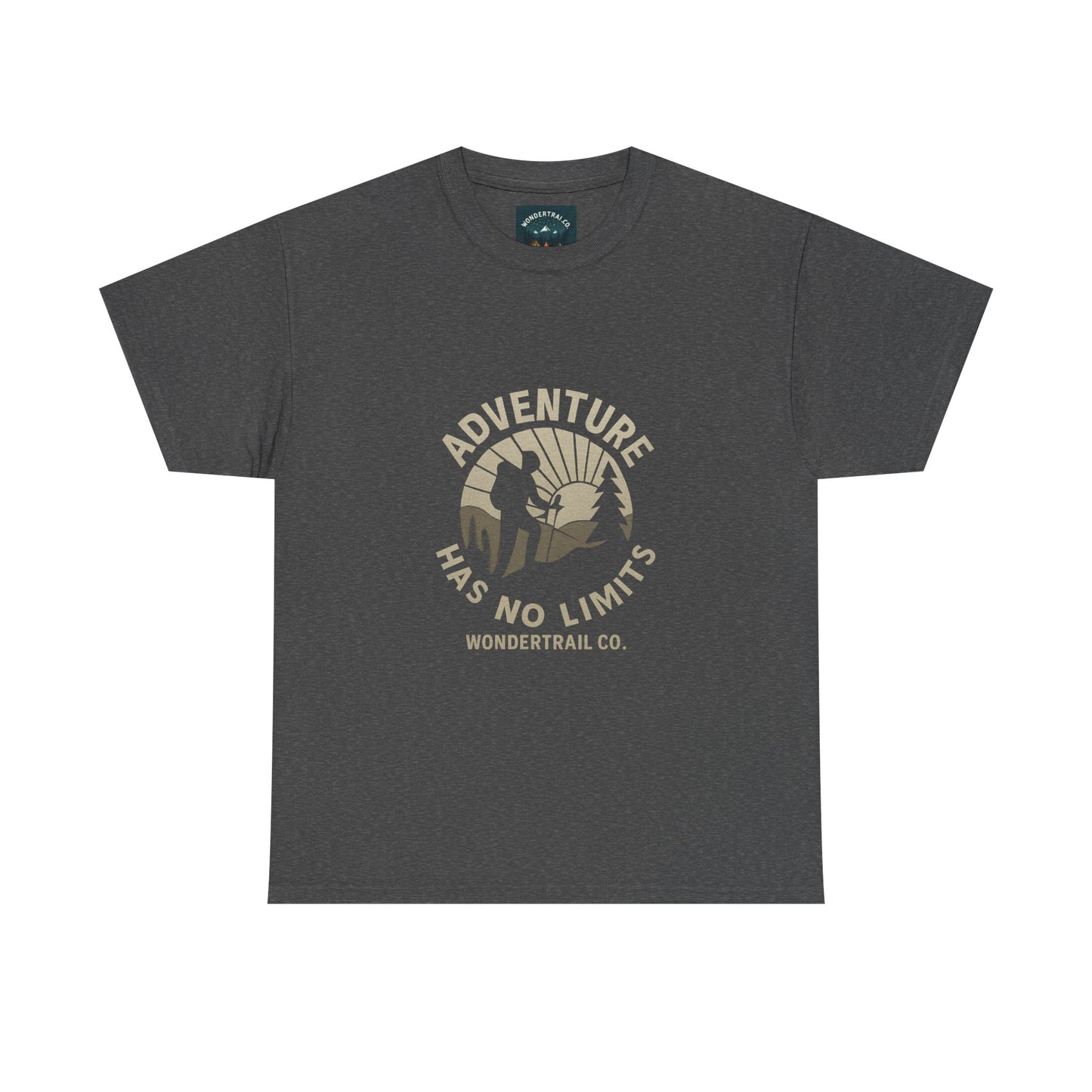 Dark gray unisex T-shirt with Adventure Has No Limits slogan and hiker silhouette against sunburst mountain graphic, WonderTrail.Co outdoor lifestyle apparel for explorers, hikers, and nature lovers