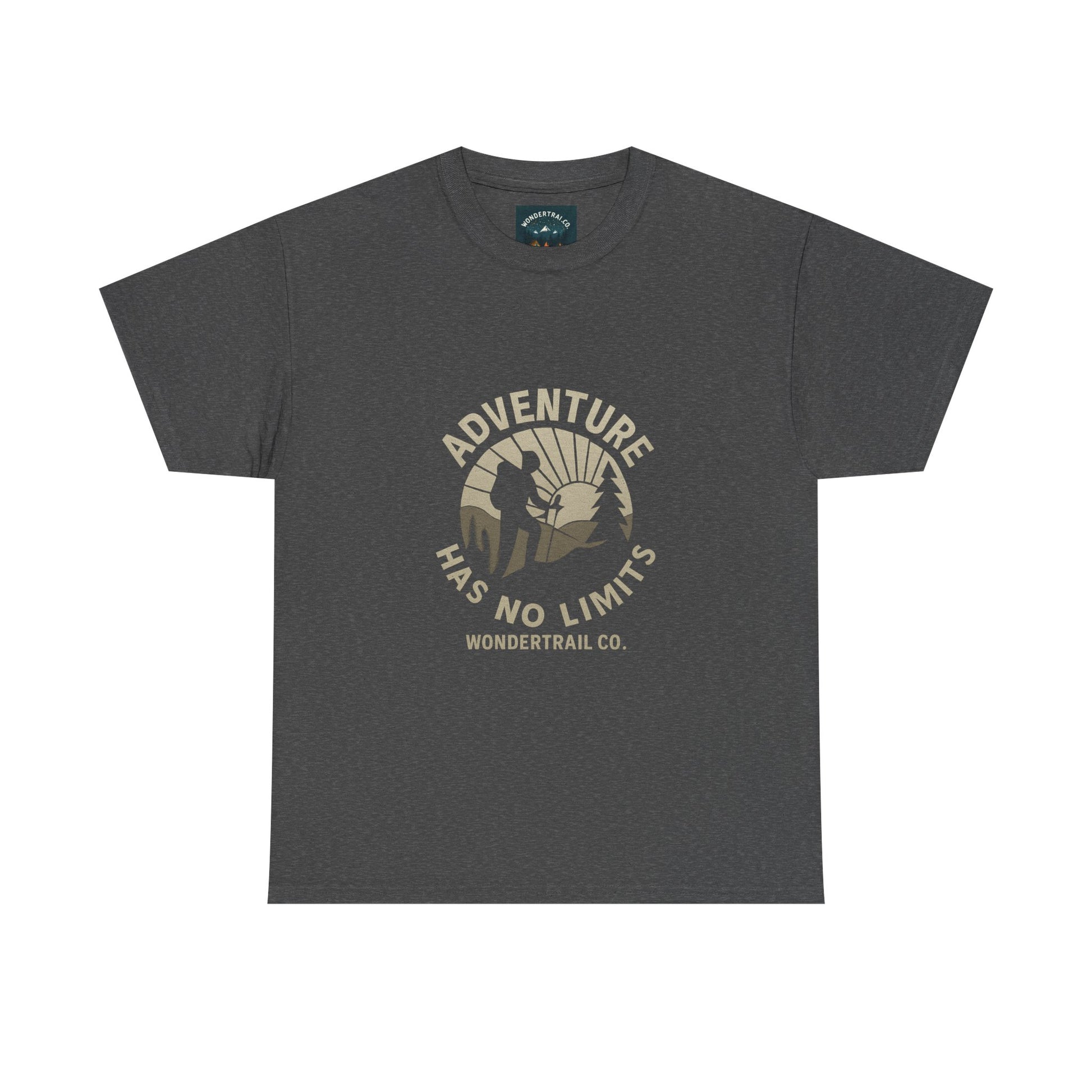 Dark gray unisex T-shirt with Adventure Has No Limits slogan and hiker silhouette against sunburst mountain graphic, WonderTrail.Co outdoor lifestyle apparel for explorers, hikers, and nature lovers