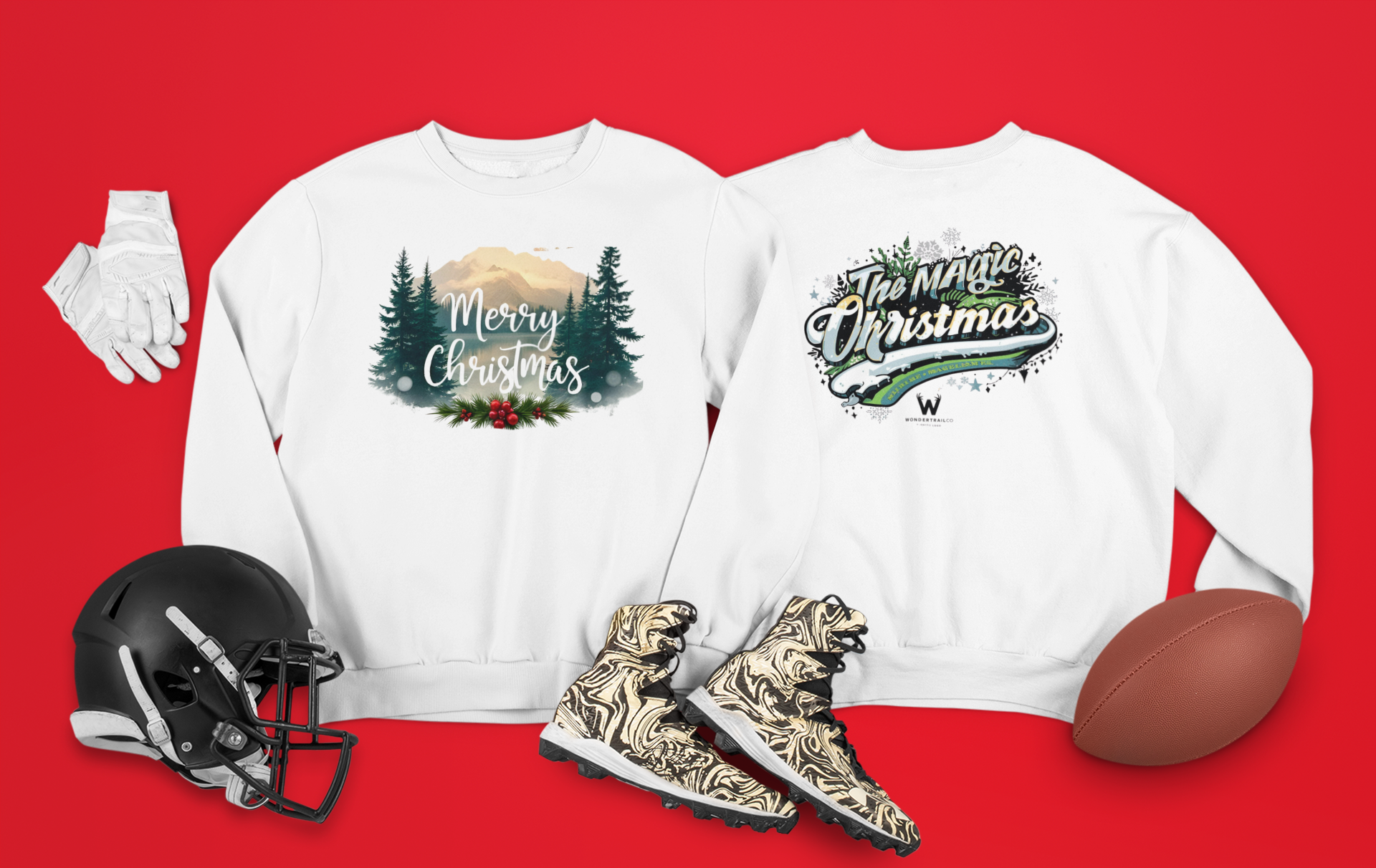 Festive Christmas sweatshirts with Merry Christmas mountain scene and The Magic of Christmas slogan, WonderTrail.Co holiday apparel styled with football gear — perfect gifts for athletes, sports fans, and family celebrations.
