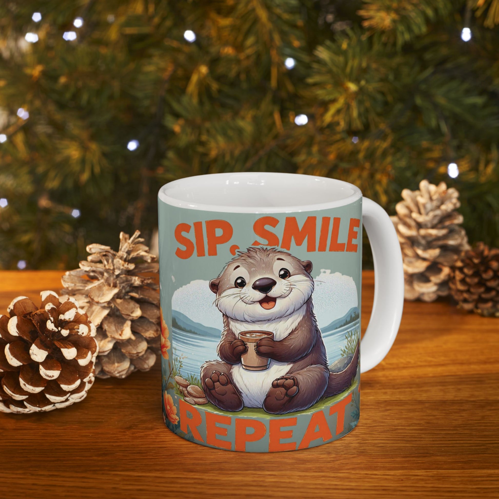 Festive ceramic Christmas mug with cheerful cartoon otter holding a cup and scenic mountain lake background plus Sip Smile Repeat slogan — WonderTrail.Co holiday drinkware for nature lovers, family gifting, and cozy celebrations