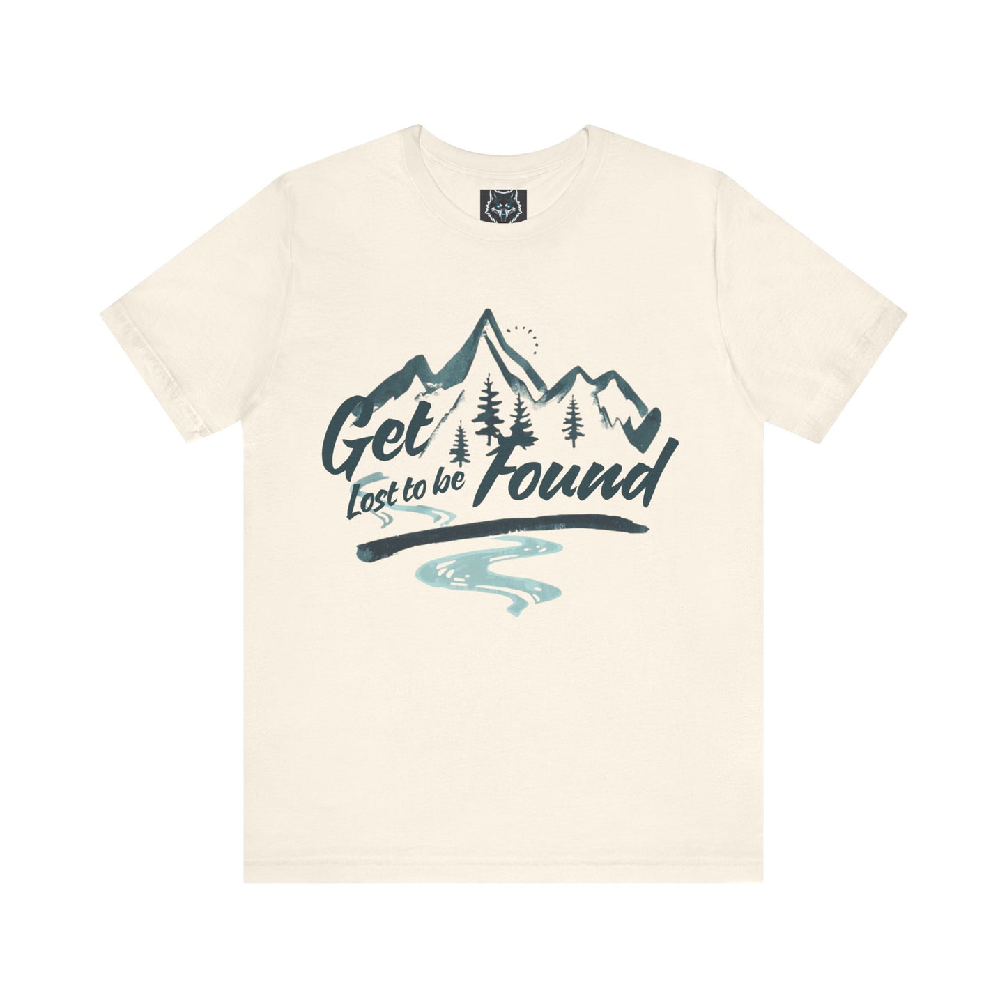 Front Beige - Adventure_graphic_T-shirt_with_mountain_and_forest_design_slogan_Get_lost_to_be_found_styled_in_a_bookstore_with_records_and_guitars_casual_outdoor_fashion.