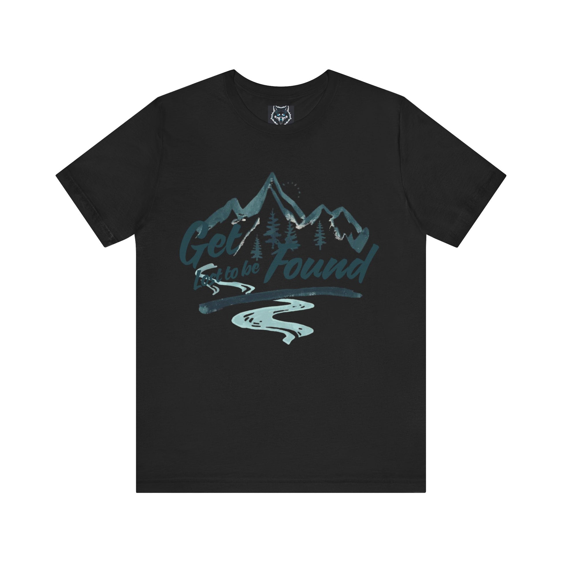 Front Black -Adventure_graphic_T-shirt_with_mountain_and_forest_design_slogan_Get_lost_to_be_found_styled_in_a_bookstore_with_records_and_guitars_casual_outdoor_fashion.