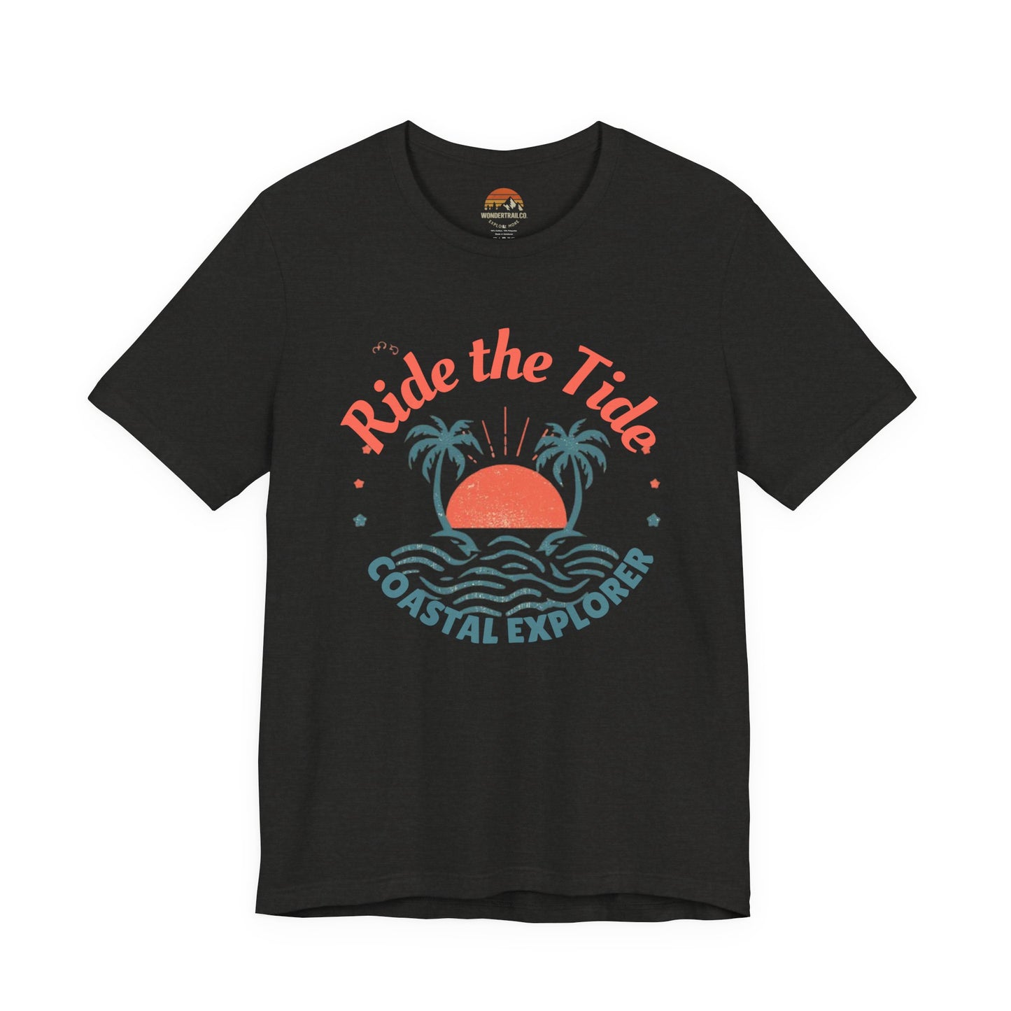 Front Black Black_cotton_unisex_tee_featuring_tropical_sunset_and_palm_tree_design_with_Ride_the_Tide_Coastal_Explorer_text_stylish_travel_apparel_for_adventurers.