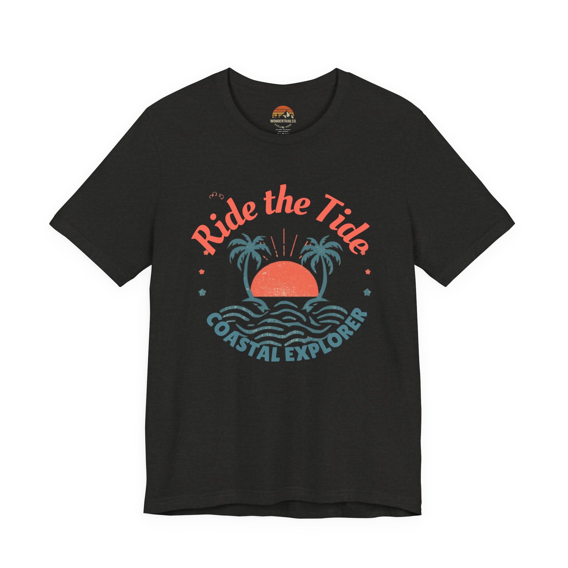 Front Black Black_cotton_unisex_tee_featuring_tropical_sunset_and_palm_tree_design_with_Ride_the_Tide_Coastal_Explorer_text_stylish_travel_apparel_for_adventurers.