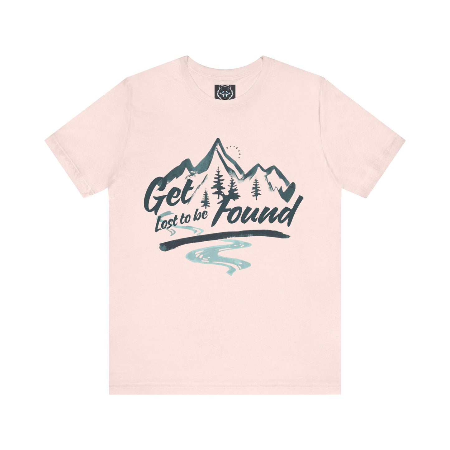 Front Pink - Adventure_graphic_T-shirt_with_mountain_and_forest_design_slogan_Get_lost_to_be_found_styled_in_a_bookstore_with_records_and_guitars_casual_outdoor_fashion.