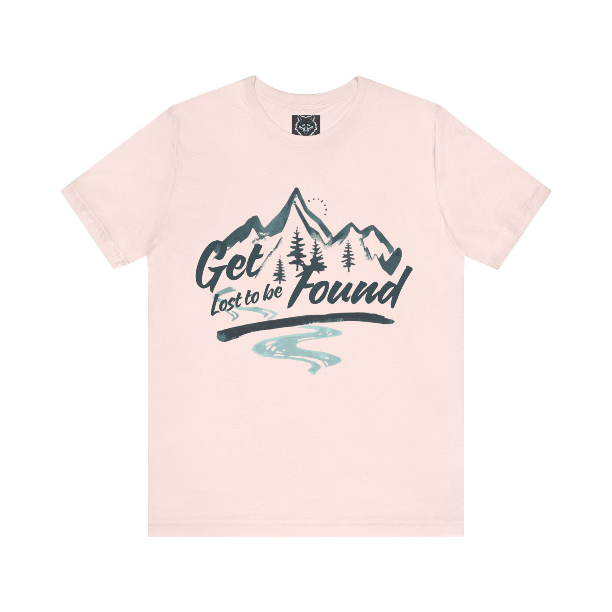 Front Pink - Adventure_graphic_T-shirt_with_mountain_and_forest_design_slogan_Get_lost_to_be_found_styled_in_a_bookstore_with_records_and_guitars_casual_outdoor_fashion.