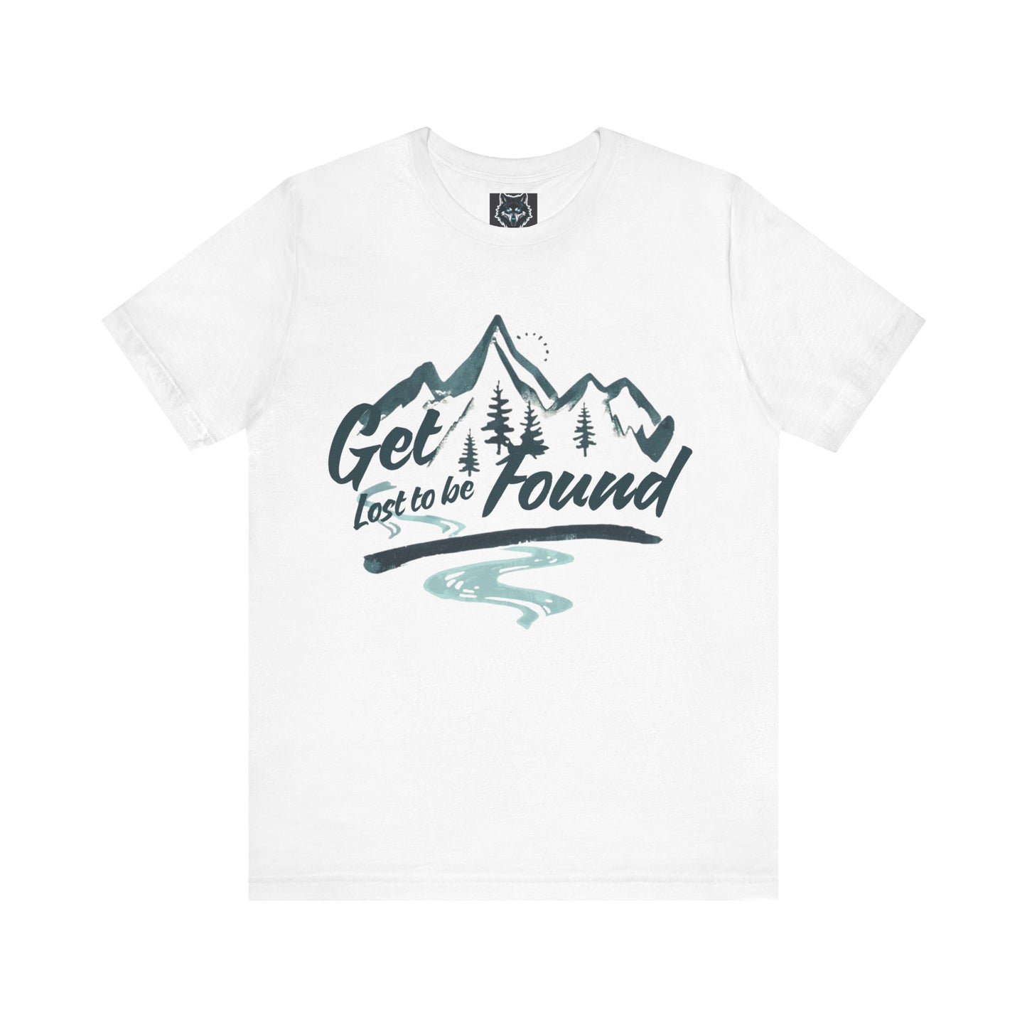 Front White - Adventure_graphic_T-shirt_with_mountain_and_forest_design_slogan_Get_lost_to_be_found_styled_in_a_bookstore_with_records_and_guitars_casual_outdoor_fashion.