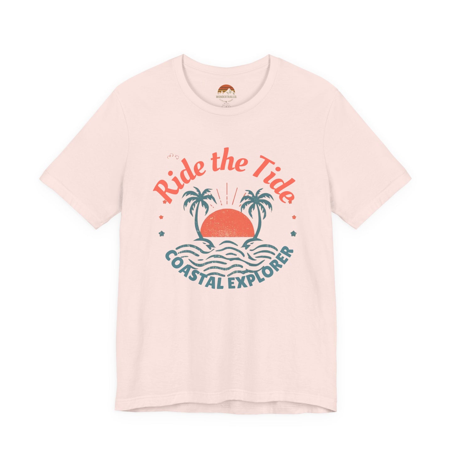 Front shirt _Pink_Black_cotton_unisex_tee_featuring_tropical_sunset_and_palm_tree_design_with_Ride_the_Tide_Coastal_Explorer_text_stylish_travel_apparel_for_adventurers.