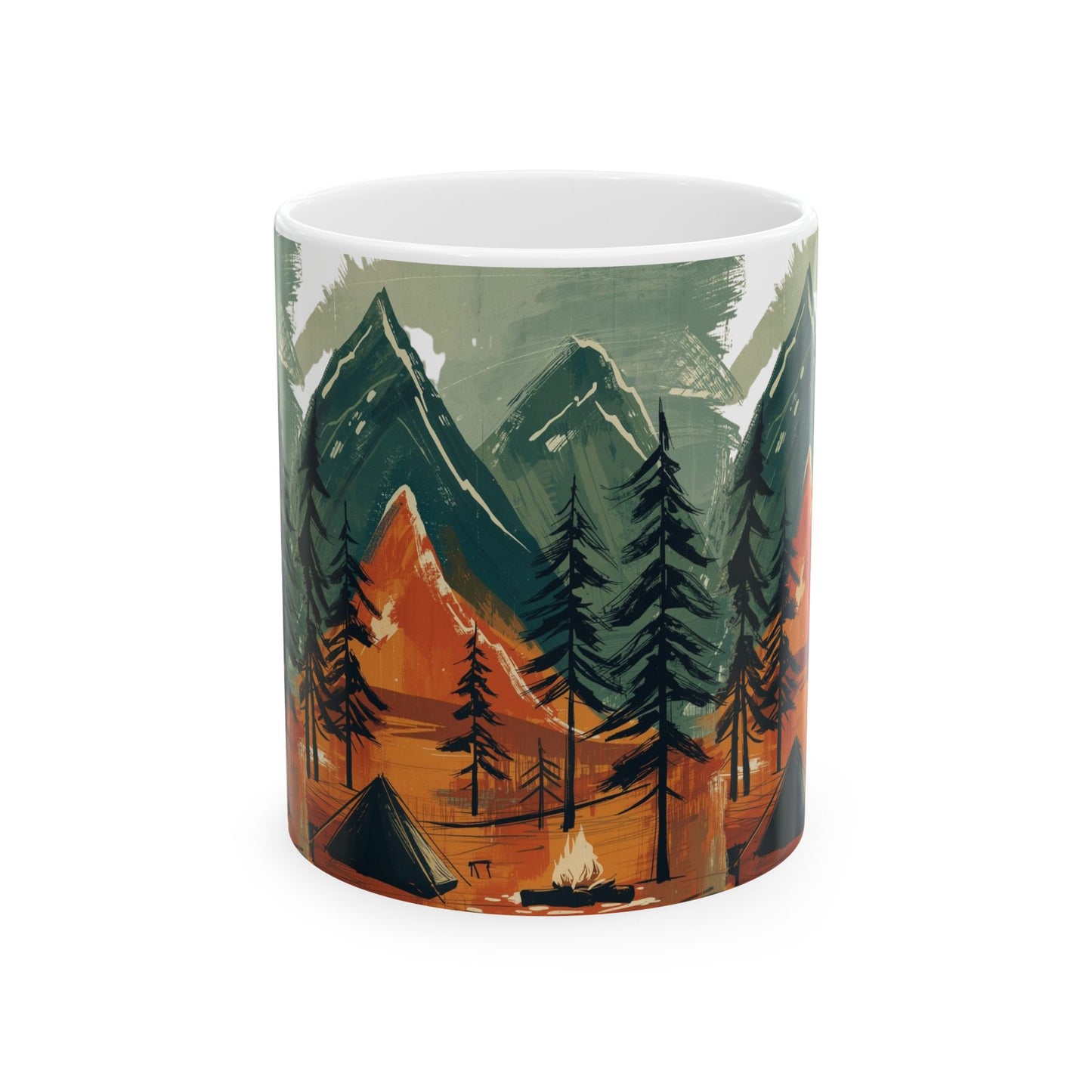 Frontside Ceramic_outdoor_mug_with_mountain_and_forest_design_tent_and_campfire_artwork_styled_in_winter_holiday_scene_eco-friendly_rustic_gift_for_campers_and_nature_lovers
