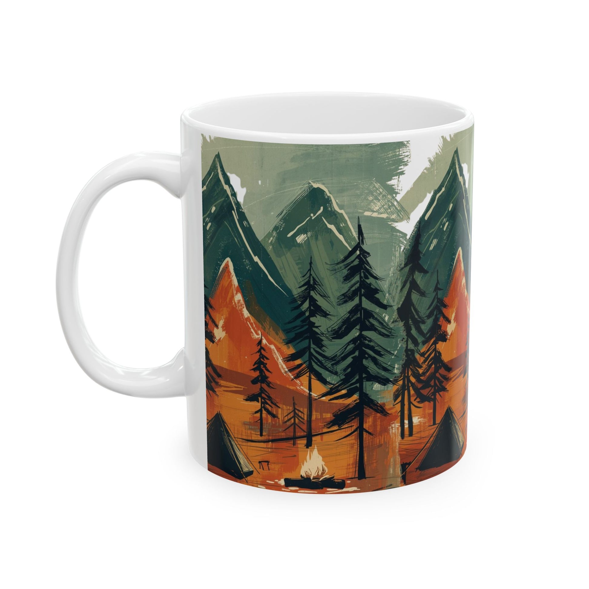 Left Ceramic_outdoor_mug_with_mountain_and_forest_design_tent_and_campfire_artwork_styled_in_winter_holiday_scene_eco-friendly_rustic_gift_for_campers_and_nature_lovers