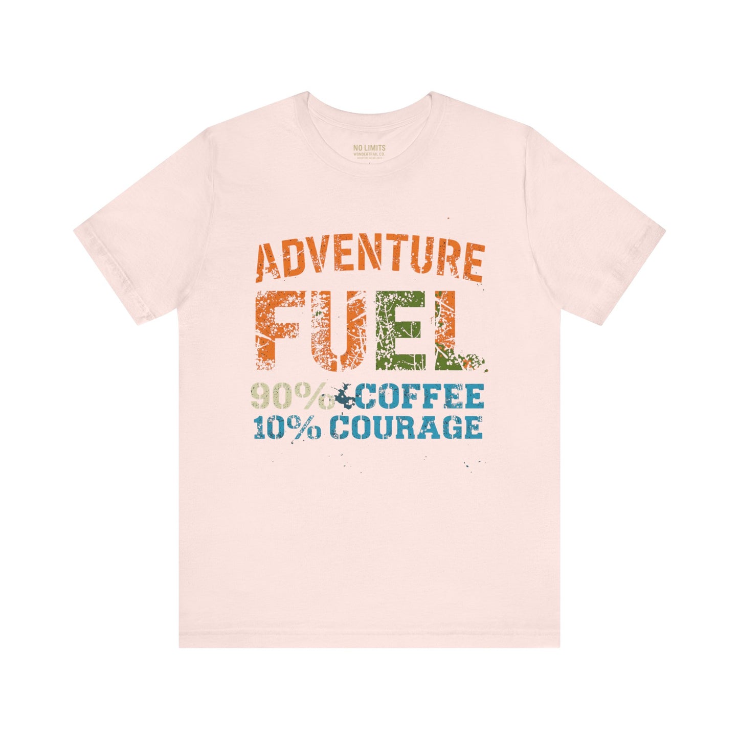 Pink Adventure Fuel coffee t-shirt detail view showing vintage graphic design and quality fabric