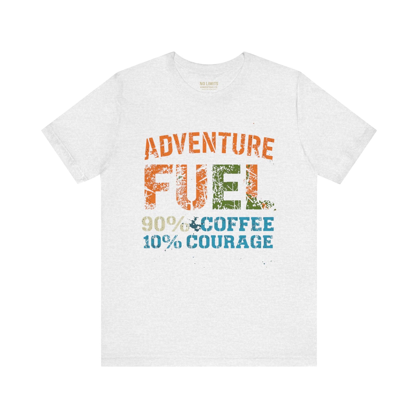 Vintage Adventure Fuel coffee t-shirt detail view showing vintage graphic design and quality fabric
